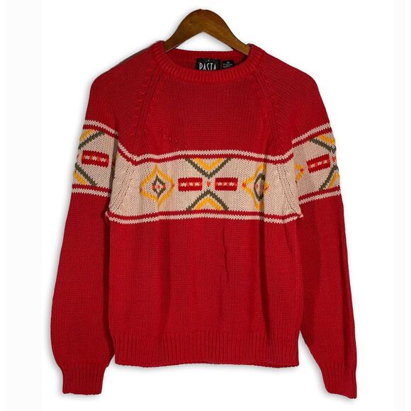 Pasta Sweaters - Vintage Red Knit Sweater Geometric Aztec Print Pullover 80s 90s Size Medium